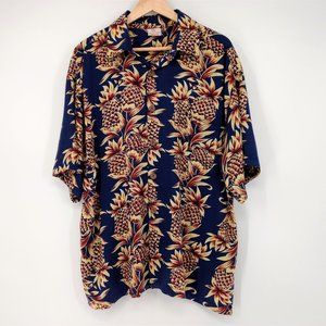 PINEAPPLE MOON Shirt Men's Size M‎ Blue Gold Short Sleeve Button Pocket Hawaiian